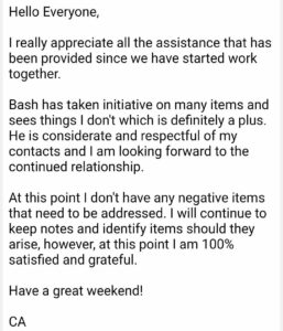Client email praising VA Bash's initiative