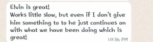 Client message praising VA Elvin's work ethic