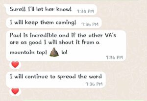 Client message praising VA Paul and the Virtualift team